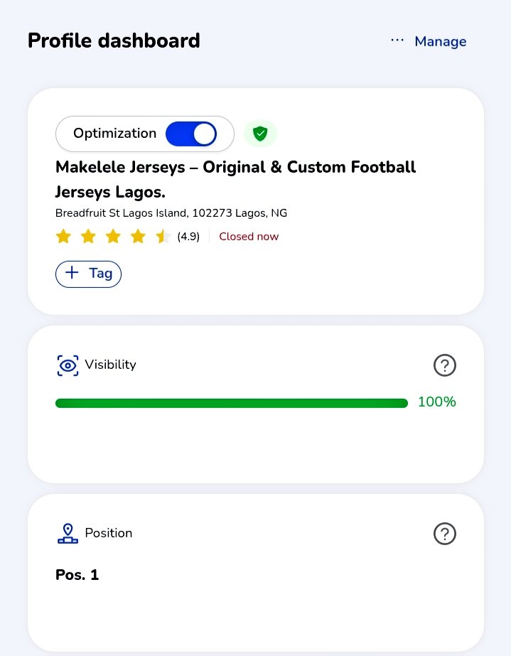 MakeleleJerseys's tweet image. Position 1 on Google Maps.

100% visibility.
Lagos, Nigeria.

Your customers are searching right now.

The question is whether they find you or your competitor.

#LocalSEO #GoogleBusinessProfile #SmallBusinessLagos