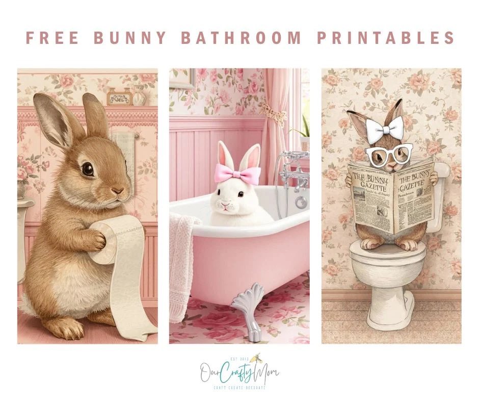 Charming Bunny Printables Bathroom Wall Art for Cottage Style ourcraftymom.com/bunny-printabl… via <a href="/ourcraftymom/">michelle james</a> #freebunnyprints