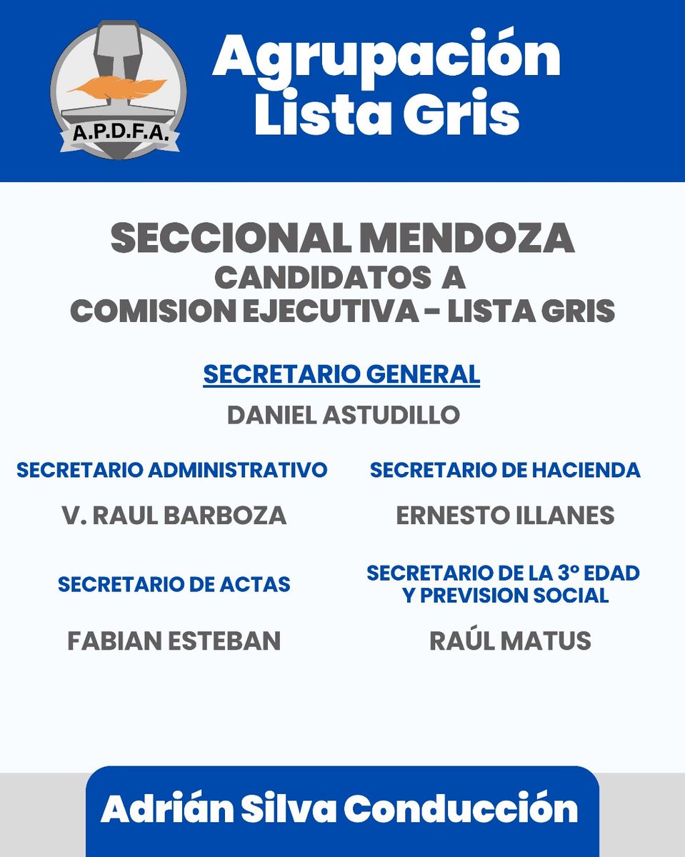 ApdfaListaGris's tweet photo. Candidatos a Comisión Ejecutiva Seccional Mendoza
El 05/3/2026 votá Lista Gris 🩶🩶🩶
#SilvaConduccion
#LaListaEsGris https://t.co/vvvYY7nH5Z
