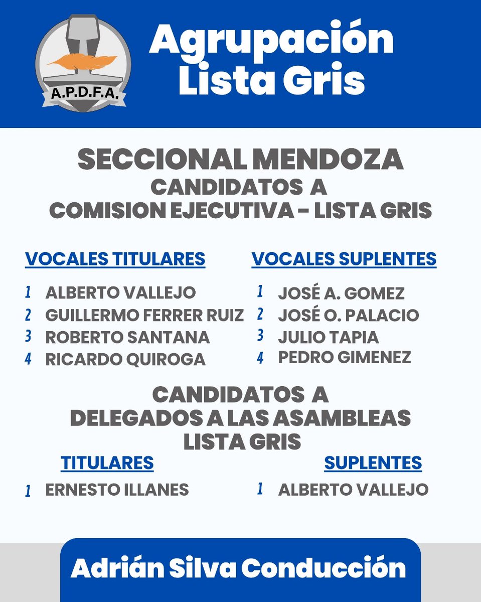 ApdfaListaGris's tweet photo. Candidatos a Comisión Ejecutiva Seccional Mendoza
El 05/3/2026 votá Lista Gris 🩶🩶🩶
#SilvaConduccion
#LaListaEsGris https://t.co/vvvYY7nH5Z