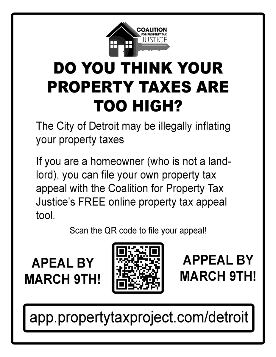 🚨 Detroit Homeowners — Act Now! 🚨Do you think your property taxes are too high? You’re not alone — and you may be getting overcharged illegally.If you’re a homeowner (not a landlord), you can file your OWN property tax appeal using Coalition for Property Tax Justice’s FREE