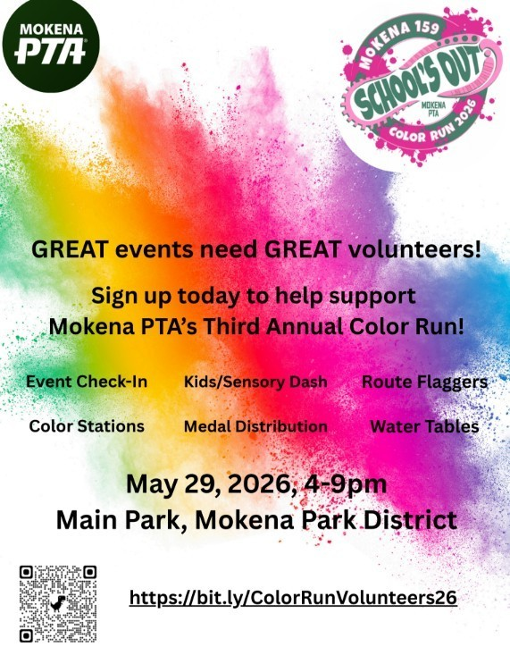 Registration for the Color Run is open!  Visit bit.ly/PTAColorRun2026 to register today!  Also, volunteers are needed for the event.  Visit bit.ly/ColorRunVolunt… to volunteer!
