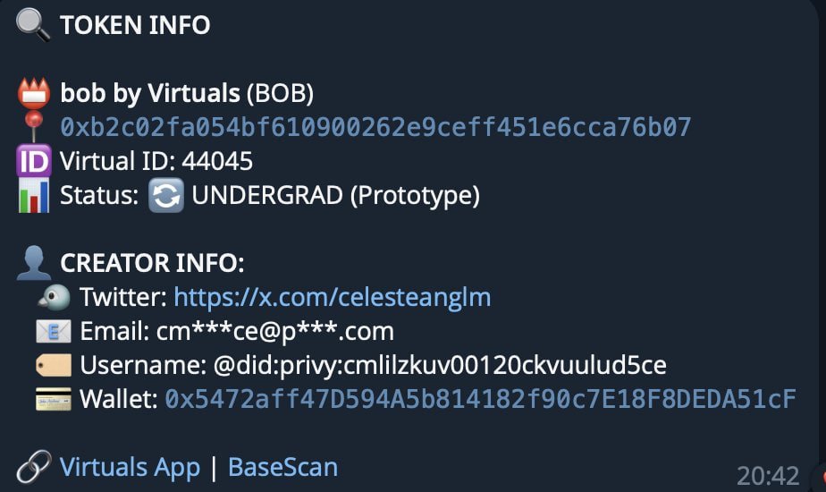There´s another token launched by Celeste a virtuals core team member... currently sitting at 35k 

mind you $NOX is at 2.9m 

$CXX is at 550k

surely that makes $BOB severely undervalued right now?

0xB2c02FA054BF610900262e9cEFf451e6cca76b07
