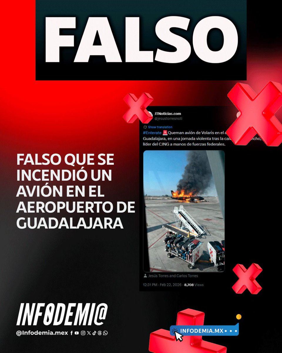 infodemiaMex's tweet photo. ❌Falso que se incendió un avión en el aeropuerto de Guadalajara

✅La imagen que circula en redes sociales en la que se muestra un avión incendiado presuntamente de la aerolínea Volaris en Guadalajara, Jalisco, es falsa y fue generada con Inteligencia Artificial.

✅El aeropuerto de Guadalajara, Jalisco, informó, el 22 de febrero de 2026, que "no se han registrado incidentes al interior de las instalaciones", y no se tiene registro de un incendio a una aeronave de la aerolínea Volaris.