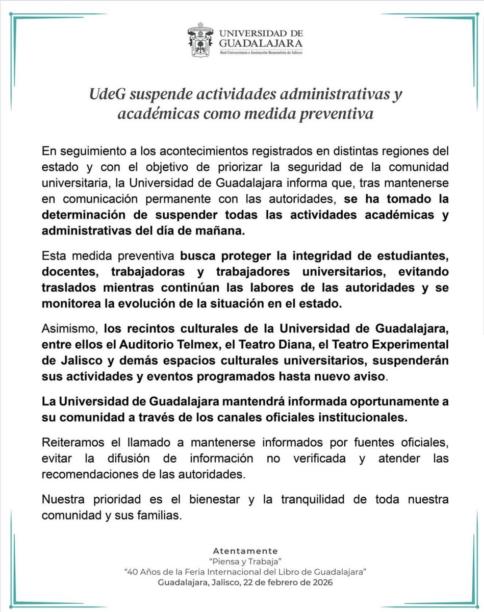 La Escuela Preparatoria No. 7 informa a su comunidad que las clases quedan suspendidas el día de mañana. Esta medida tiene como finalidad priorizar la seguridad y el bienestar de nuestras y nuestros estudiantes, así como del personal docente y administrativo.