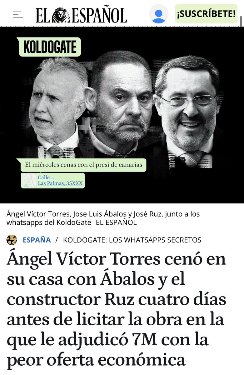 Nuevo bombazo de <a href="/JorgeCalabres/">Jorge Calabrés</a>. 

El ministro Ángel Víctor Torres cenó con el constructor Ruz sólo unos días antes de adjudicarle 7 millones de € a pesar de que la suya era la peor oferta económica. 

Blanco y en botella. 

elespanol.com/espana/2026022…