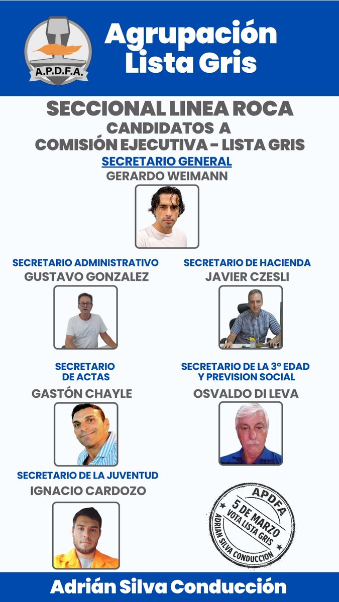 ApdfaListaGris's tweet photo. Candidatos a Comisión Ejecutiva Seccional Línea Roca
El 05/3/2026 votá Lista Gris 🩶🩶🩶
#SilvaConduccion
#LaListaEsGris https://t.co/xNsrlZS4OZ