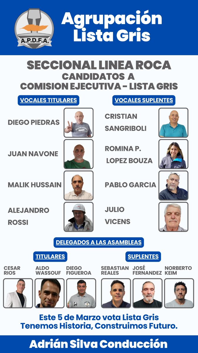 ApdfaListaGris's tweet photo. Candidatos a Comisión Ejecutiva Seccional Línea Roca
El 05/3/2026 votá Lista Gris 🩶🩶🩶
#SilvaConduccion
#LaListaEsGris https://t.co/xNsrlZS4OZ