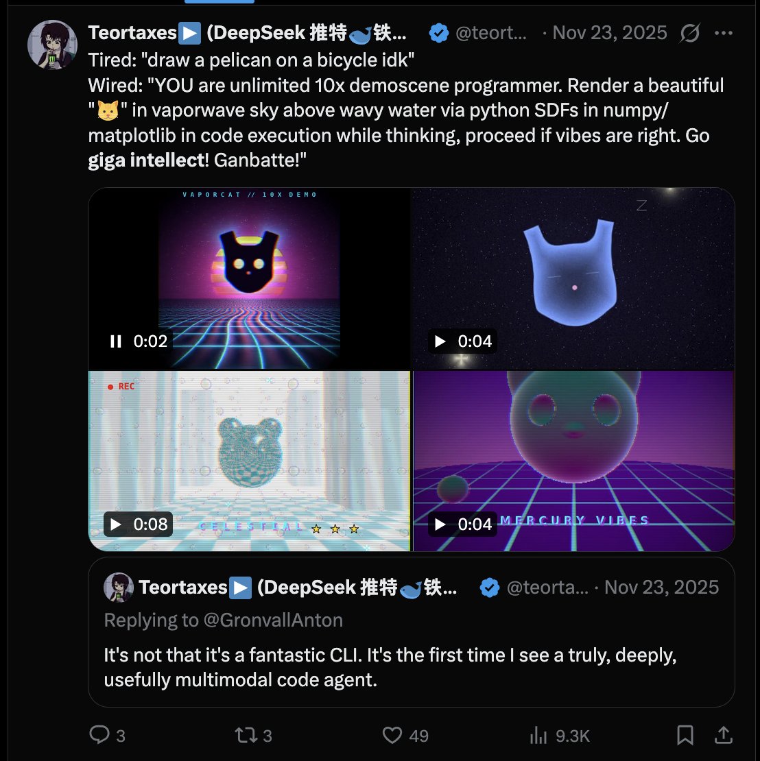 Contra Lisan I don't think this is benchmaxing, btw. Indeed I suspect that Gemini's performance on procedural generation of graphics (it goes beyond SVG) is a product of its deep agvantages in multimodality, and it's GDM's long-term bet. Like OAI's reasoning, and Ant's coding.