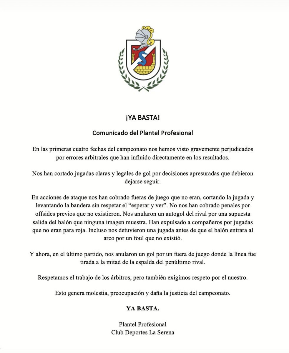 Comunicado de Deportes La Serena en contra los árbitros👀‼️