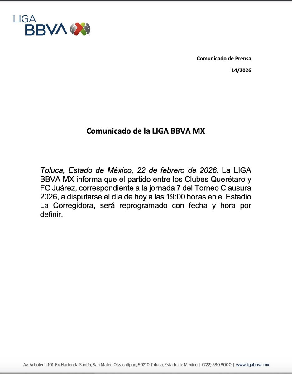 La Liga BBVA MX informa sobre el partido entre <a href="/Club_Queretaro/">Gallos Blancos 🐓</a> y <a href="/fcjuarezoficial/">FC Juárez</a> de la Jornada 7: