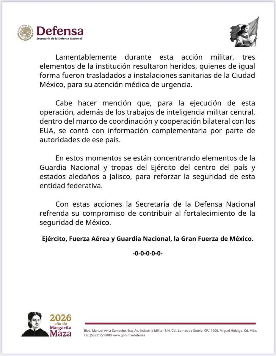 aletorres_mx's tweet photo. La @Defensamx1 confirma la muerte de Nemesio Oseguera “El Mencho” en el operativo para su detención.

Expreso mi completo respaldo a nuestra Presidenta @Claudiashein y al @GabSeguridadMX en la misión de garantizar la paz y la seguridad en nuestro país.

En estas horas circulan noticias falsas que buscan generar pánico e incertidumbre, es tarea de todas y todos ayudar a combatir la desinformación.

Sigamos las indicaciones de las autoridades en los territorios en donde se presentan reacciones de células asociadas a este grupo criminal.