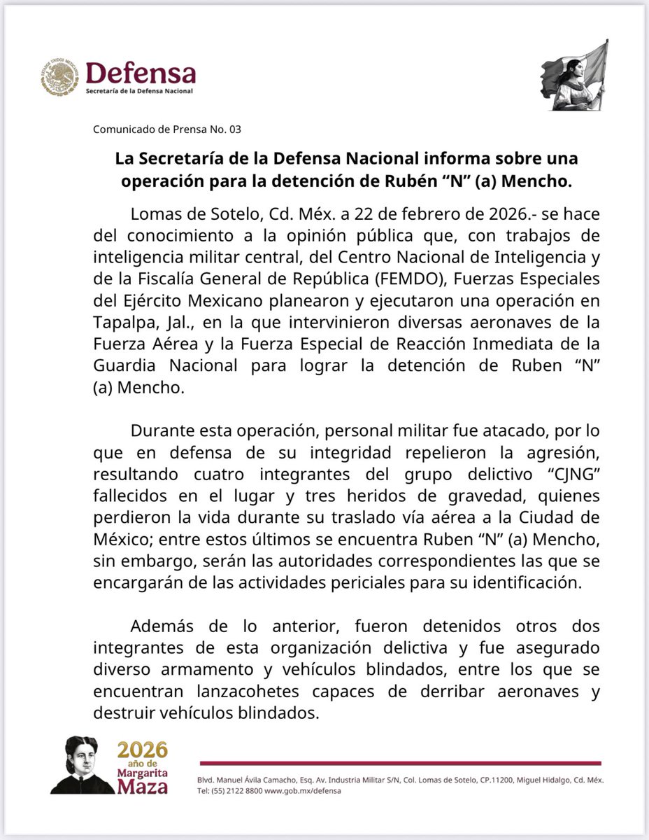 aletorres_mx's tweet photo. La @Defensamx1 confirma la muerte de Nemesio Oseguera “El Mencho” en el operativo para su detención.

Expreso mi completo respaldo a nuestra Presidenta @Claudiashein y al @GabSeguridadMX en la misión de garantizar la paz y la seguridad en nuestro país.

En estas horas circulan noticias falsas que buscan generar pánico e incertidumbre, es tarea de todas y todos ayudar a combatir la desinformación.

Sigamos las indicaciones de las autoridades en los territorios en donde se presentan reacciones de células asociadas a este grupo criminal.