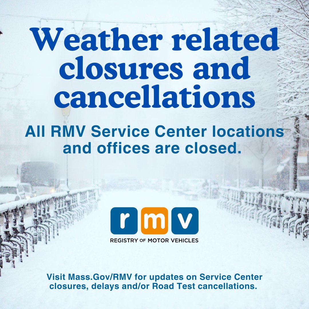 MassRMV's tweet image. All #RMV Service Center locations &amp;amp; offices will be closed on Monday, February 23rd due to inclement weather. All scheduled road tests are also canceled. 

Visit ow.ly/tLuI50YjKgV for updates. #MASnow