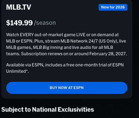 RobertLeeLarson's tweet photo. @ToddP_Zimmerman @Braves There was a lot of chatter due to MSSG fallout. I can't find the Bowman article, but it's still the same set up for out of market fans. Our only option is MLB TV. We won't be able to buy the inside market product and use it. It should behave kind of like Marquee for the Cubs. https://t.co/mLAAFN0FBE