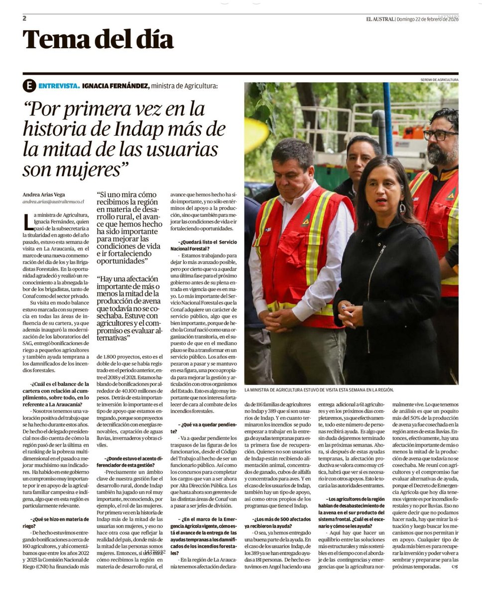 MinagriAraucan's tweet photo. Ministra de Agricultura, Ignacia Fernández:  

"Por primera vez en la historia de @INDAP_Chile más de la mitad de los usuarios son mujeres".  

Lo publica #DiarioAustral https://t.co/cVSJBnDPMl