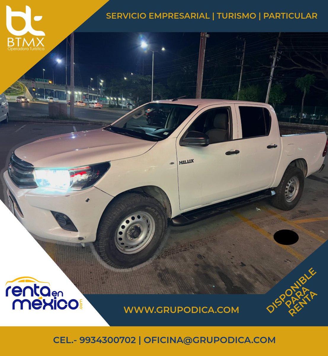 RentaEnMexico's tweet photo. Renta de Camionetas Pick Up 🛻 por Día, Semana o Mes.
Para cualquier parte de la República Mexicana por renta Mensual.

• Renta de Vans, Renta de Autos, Renta de SUV.
• Con o Sin Operador.

Informes al 9934300702 

#Villahermosa #Tabasco #Campeche #Veracruz #Merida https://t.co/5Ygr1dm2Ew