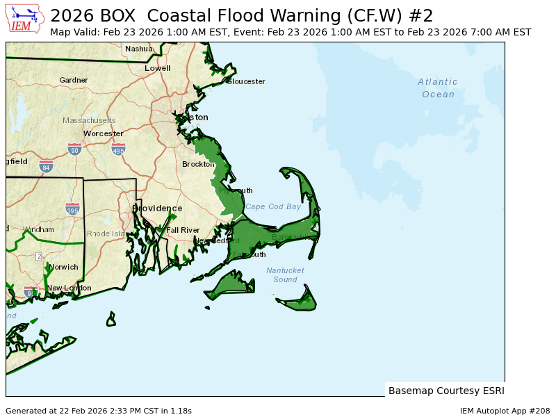BOX continues Coastal Flood Warning valid at Feb 23, 1:00 AM EST for Barnstable, Dukes, Eastern Plymouth, Nantucket [MA] till Feb 23, 7:00 AM EST mesonet.agron.iastate.edu/vtec/f/2026-O-…