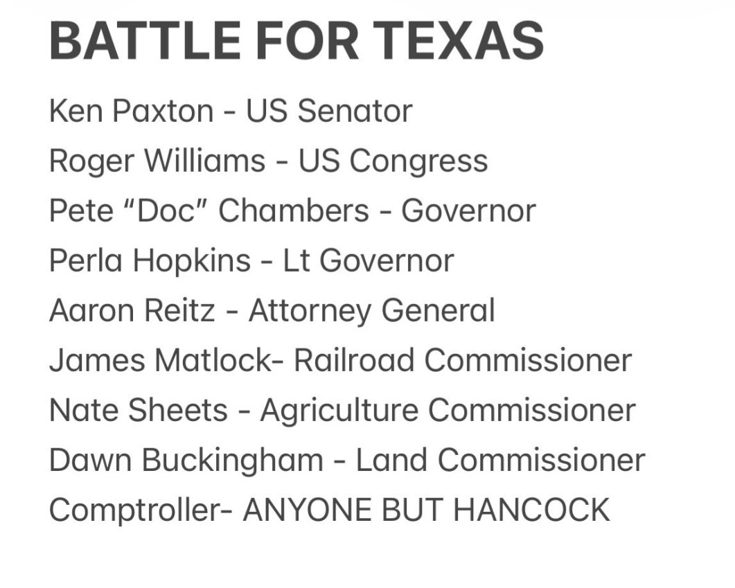 ATTENTION TEXANS
We are in a battle: 
- Go to the polls and fight with your vote
- Spread this far and wide 
- PRAY for the Great State of Texas!