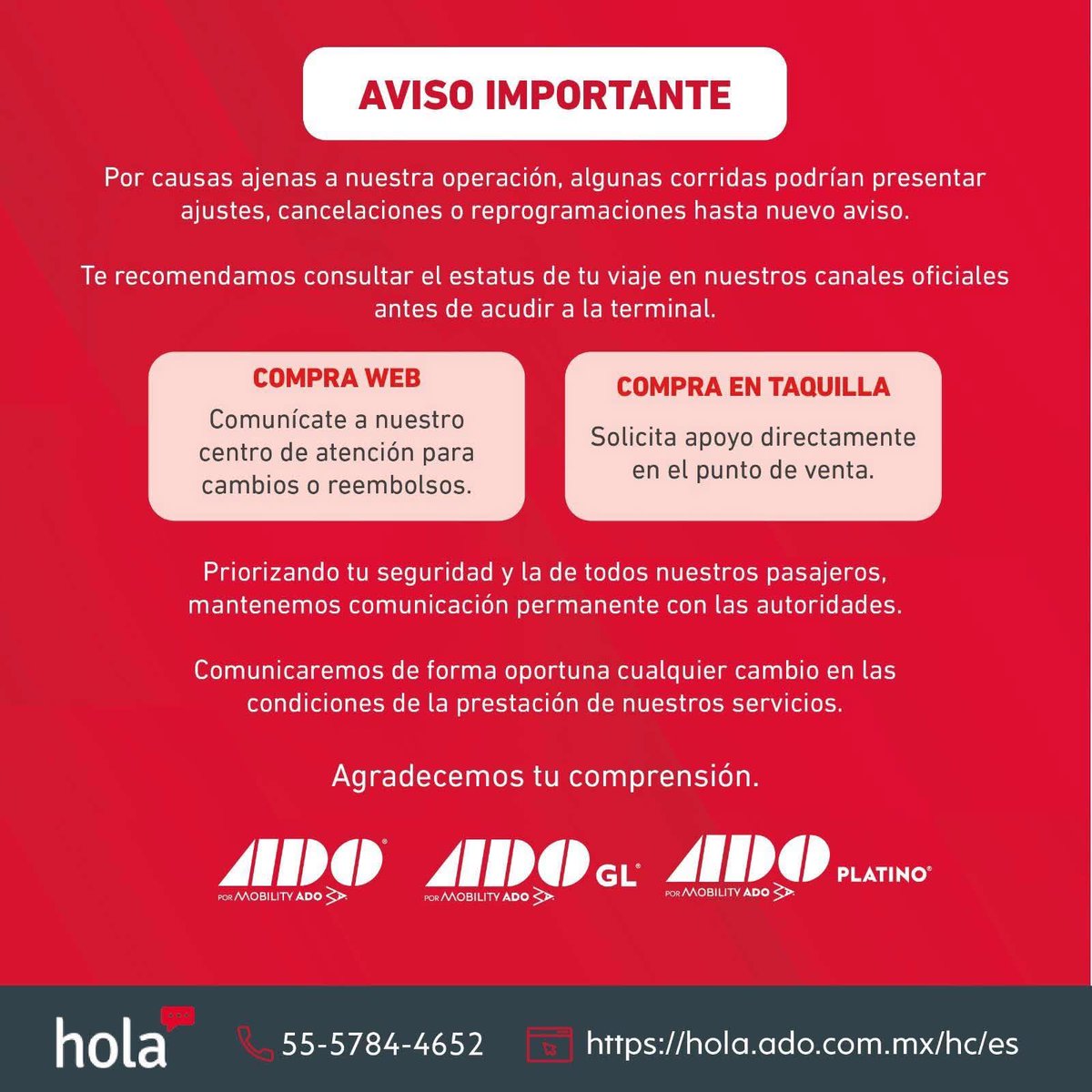 Anuncia ADO modificaciones en sus horarios, derivado de dispositivos de seguridad que retrasan el transito en las carreteras.