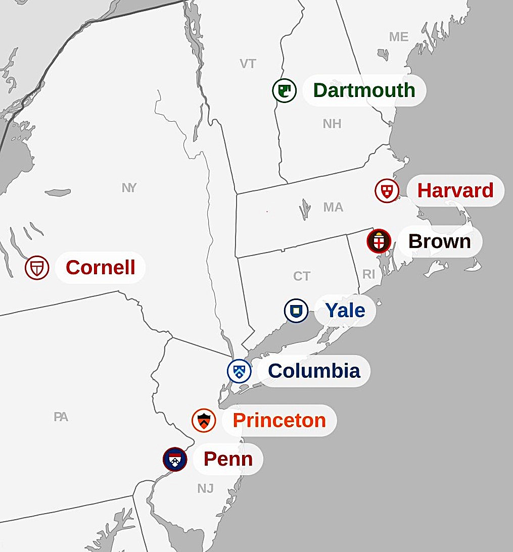 Locations of the Ivy League universities