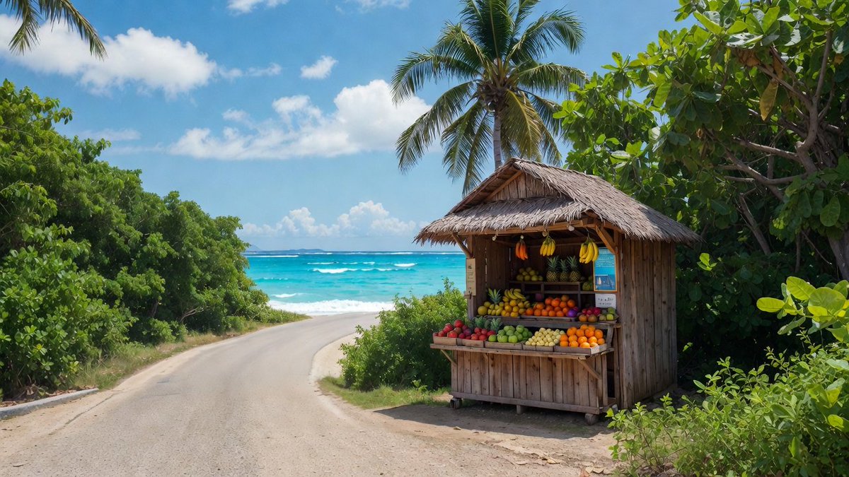 A Peaceful Escape - 24
 
A wooden fruit stand overflowing with vibrant tropical fruits, positioned along a winding dirt road flanked by palm trees and dense green foliage, leading to a calm turquoise beach under a partly cloudy sky.

- Image by Grok