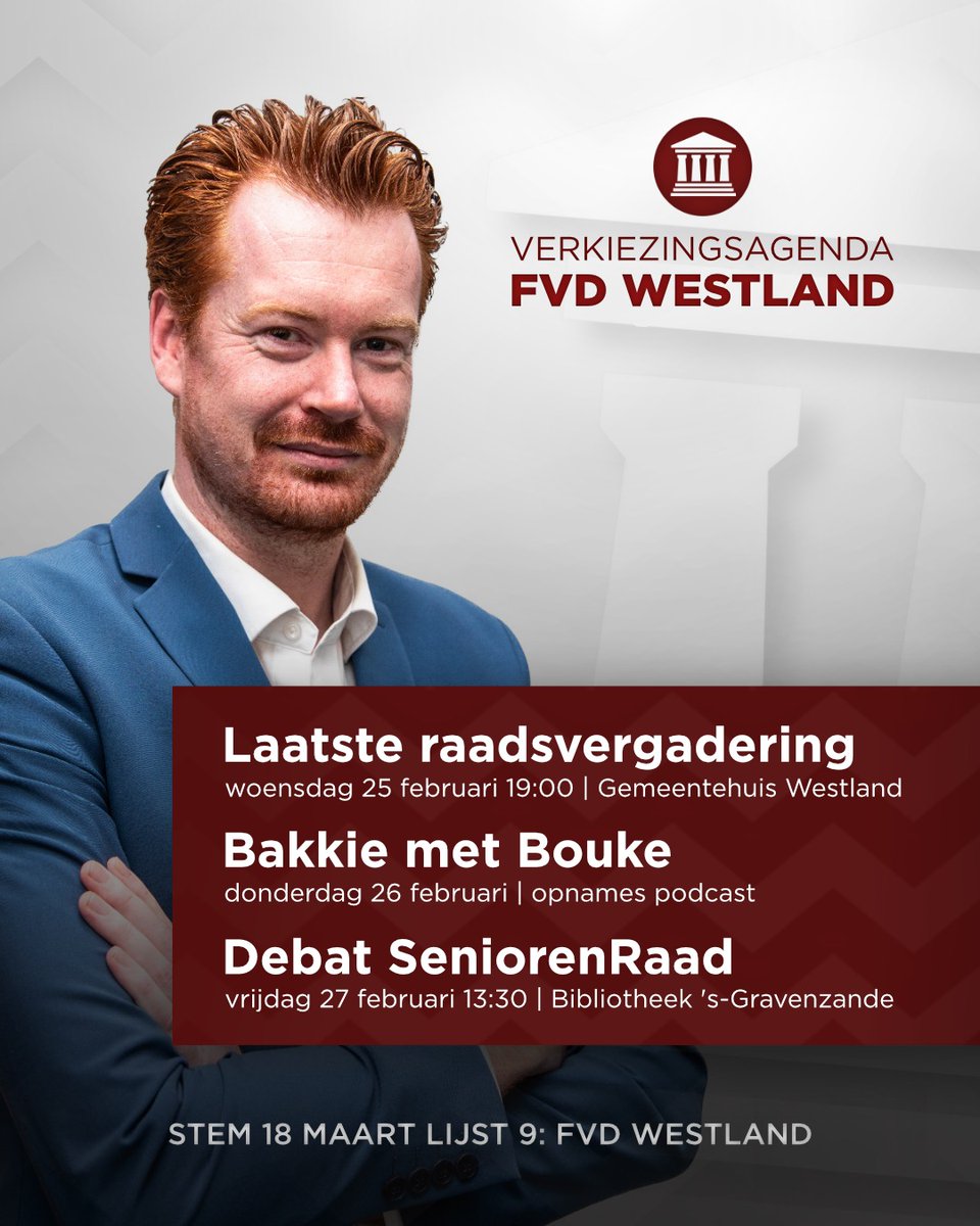 📢 De agenda van deze week!

In aanloop naar de verkiezingen is FVD Westland weer volop actief! Kom langs, luister mee en praat mee over de toekomst van het Westland!

Een nieuwe kans voor het Westland
Stem 18 maart FVD Westland!

#FVD #Westland #GR2026
