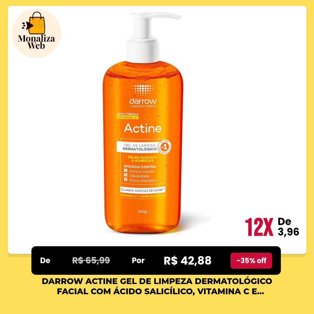 monaliza_web's tweet photo. Darrow Actine Gel de Limpeza Dermatológico Facial com Ácido Salicílico, Vit

de R$ 65,99
por R$ 42,88 🛍️
💳 Em até 12x de R$ 3,96 com juros

🎁👇Link para comprar:
https://t.co/XISLTH6Dlr

#promocao https://t.co/1JcqPaKvJl