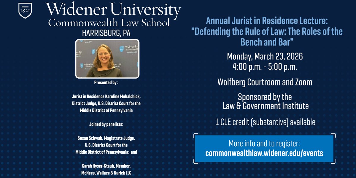WidenerLawCW's tweet photo. Due to expected winter weather, the Jurist in Residence Lecture scheduled for Feb. 23 has been postponed. Please join us in person or via Zoom on Monday, March 23, at 4 p.m. Thanks for your understanding. We look forward to seeing you next month! https://t.co/yZfSV70Im3 https://t.co/iPRRkhgZH0