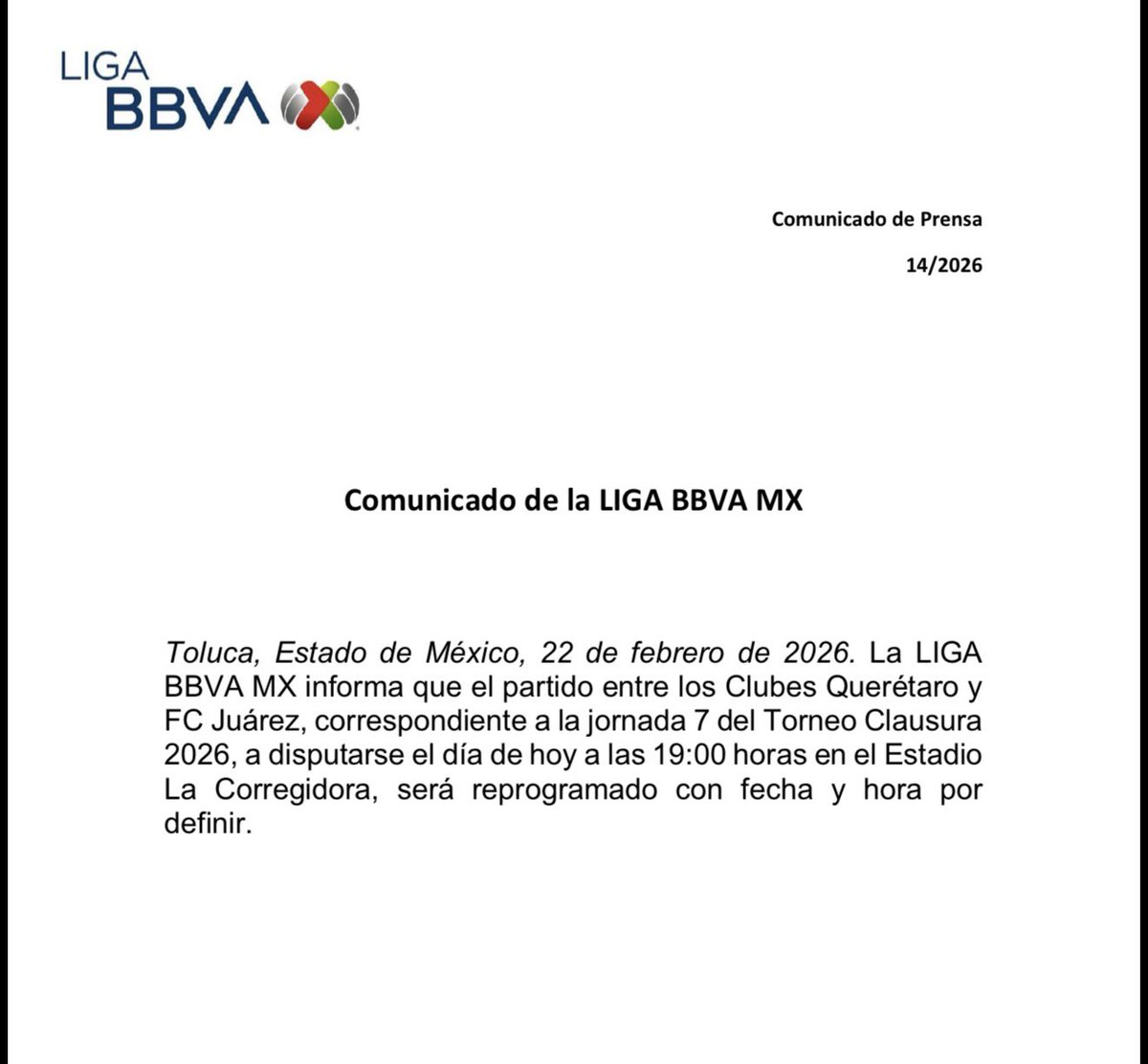La <a href="/LigaBBVAMX/">Liga BBVA MX</a> dio a conocer que el partido entre <a href="/Club_Queretaro/">Gallos Blancos 🐓</a> y <a href="/fcjuarezoficial/">FC Juárez</a> fue reprogramado