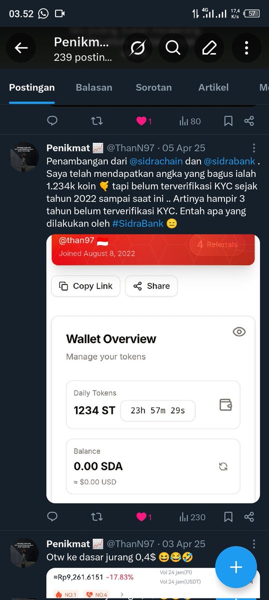 ThanN97's tweet photo. @sidrachain Ini postingan saya !! 
Saya mempunyai 1.234 koin pada 05 april 2025 !! 
Dan sekarang februari 2026 saya hanya 682 koin!! 

@sidrachain TOLONG DIJAWAB PERTANYAAN SAYA INI?! SAYA MEMINTA KEPADA PIHAK SIDRA BANK UNTUK PERBAIKI PERMASALAHIN! JANGAN BUNGKAM SAJA ANDA! https://t.co/O9eN6tqTVc