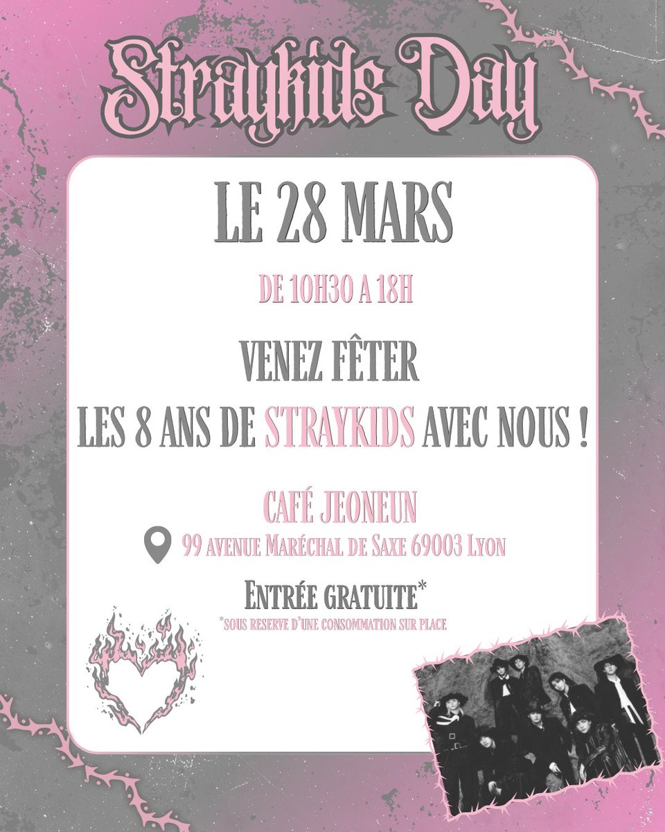 KPOPINLYON's tweet photo. 🎉 STRAY KIDS DAY – LYON 🎉
🧭 8 ans de Stray Kids
📅 28 mars | ⏰ 10h30–18h
📍 Café Jeoneun

✨ Fanpack spécial, goodies, menu &amp; activités inédites
🔔 + d’infos sur Insta : @kpopinlyon_

#StrayKids #STAY #KpopLyon https://t.co/xtUYWFRRH5