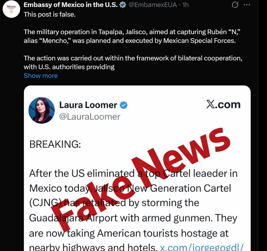 🚨 BREAKING:

🇲🇽🇺🇸 The Mexican Embassy in the U.S. says the capture of CJNG cartel leader ‘El Mencho’ was carried out solely by Mexican Special Forces.

"The action was carried out within the framework of bilateral cooperation, with U.S. authorities providing complementary