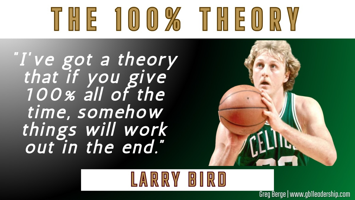 Larry Bird’s 100% Theory🥇

“I’ve got a theory that if you give 100% all of the time, somehow things will work out in the end.”

Simple. True. Unstoppable.
