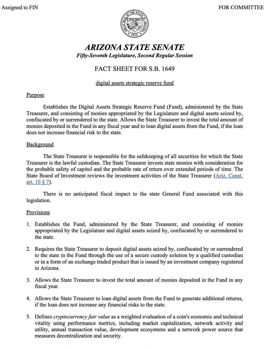 coinbureau's tweet image. ⚡️"XRP" ADDED TO ARIZONA DIGITAL RESERVE BILL

After a 4–2 committee vote, the Arizona State Legislature advanced a bill that adds XRP as an eligible asset in the proposed Digital Assets Strategic Reserve Fund.