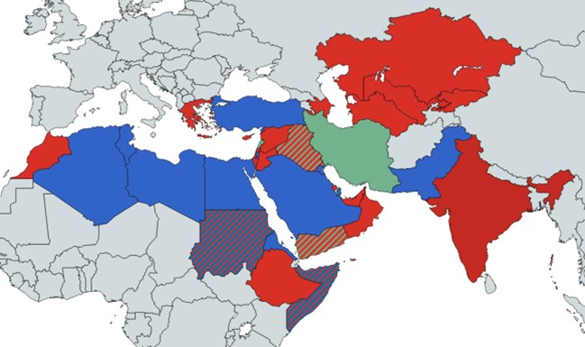 Netanhayu'nun ittifak haritası tahminim (kırmızı). Sünni eksen (mavi). Şii eksen (yeşil).