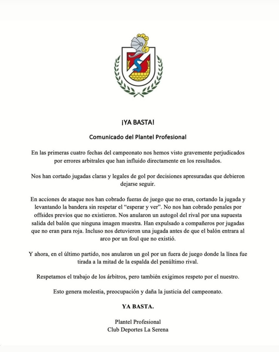 El comunicado del plantel de Deportes La Serena sobre los errores árbitrales en su contra