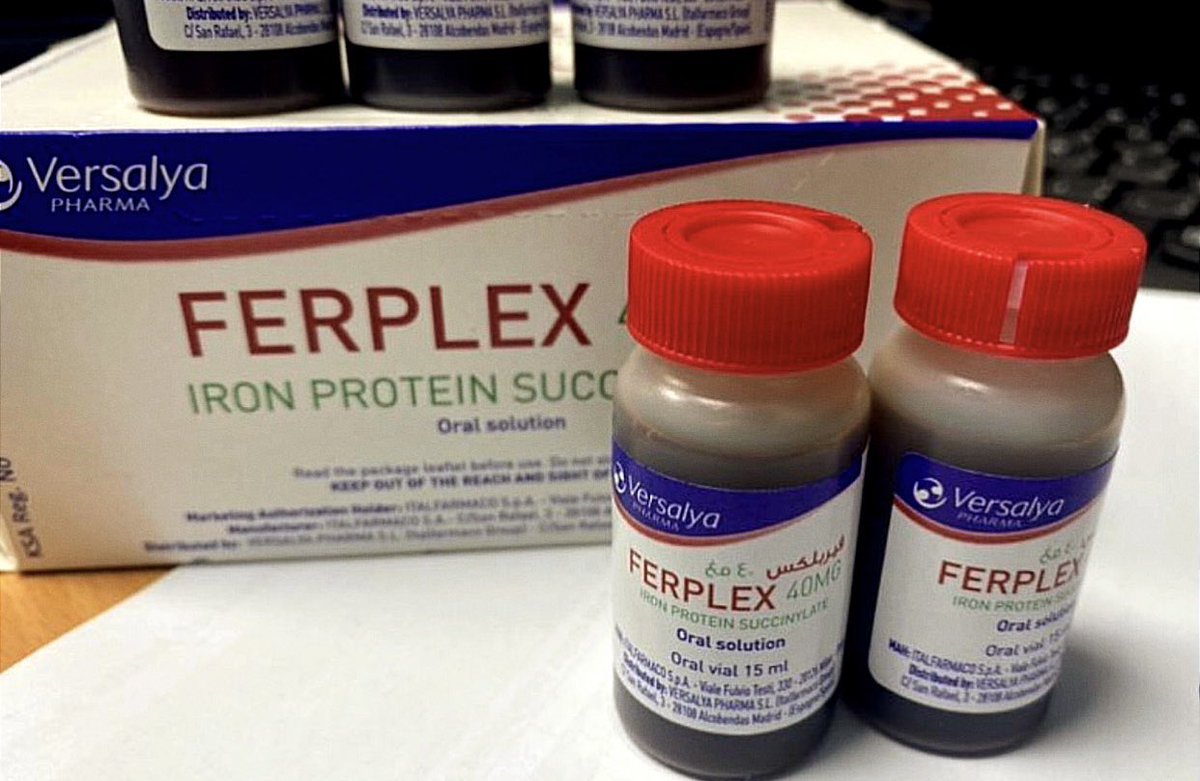 منتج (FERPLEX)💊💊 هو شراب حديد فموي والحديد فيه هو نوع من الحديد المرتبط ببروتين ويُعرف علميًا باسم (Iron Protein Succinylate) ويتميّز بأنه ألطف على المعدة مع امتصاص جيد وأعراض جانبية أقل مقارنةً بأملاح الحديد التقليدية .

كل قارورة تحتوي على (15 مل)  ومكتوب عليها الجرعة الكلية