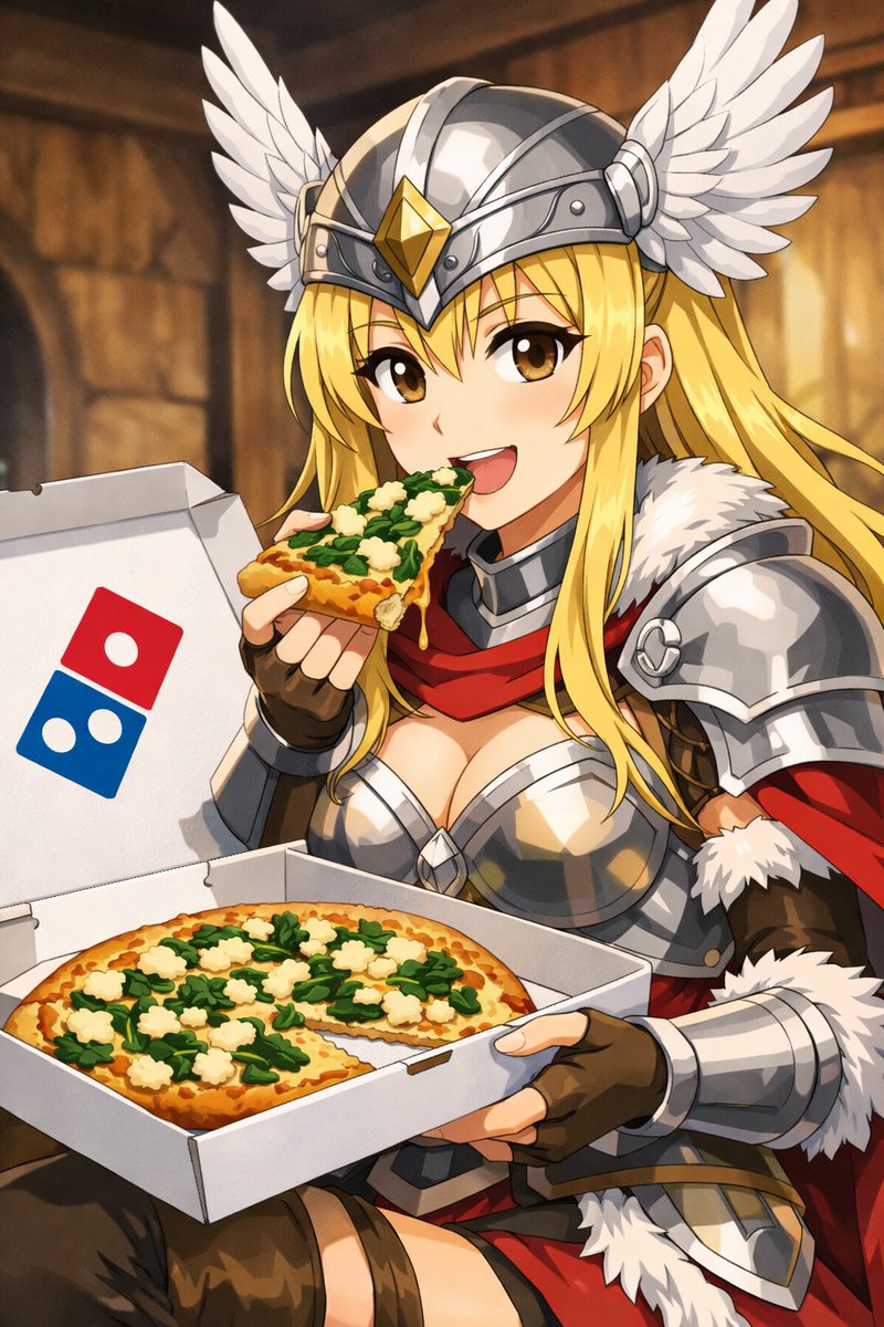 RedOneValentine's tweet photo. @kayleighmcenany Hello there, Kayleigh McEnany. I hope you love these AI art pieces I made of you as a Valkyrie eating Domino's Pizza! They're in the styles of a 2010s anime, realistic, and an 1800s Romanticism painting. I wish I was talented enough to make art, but these will have to do for now. https://t.co/ac8MOGAkMC