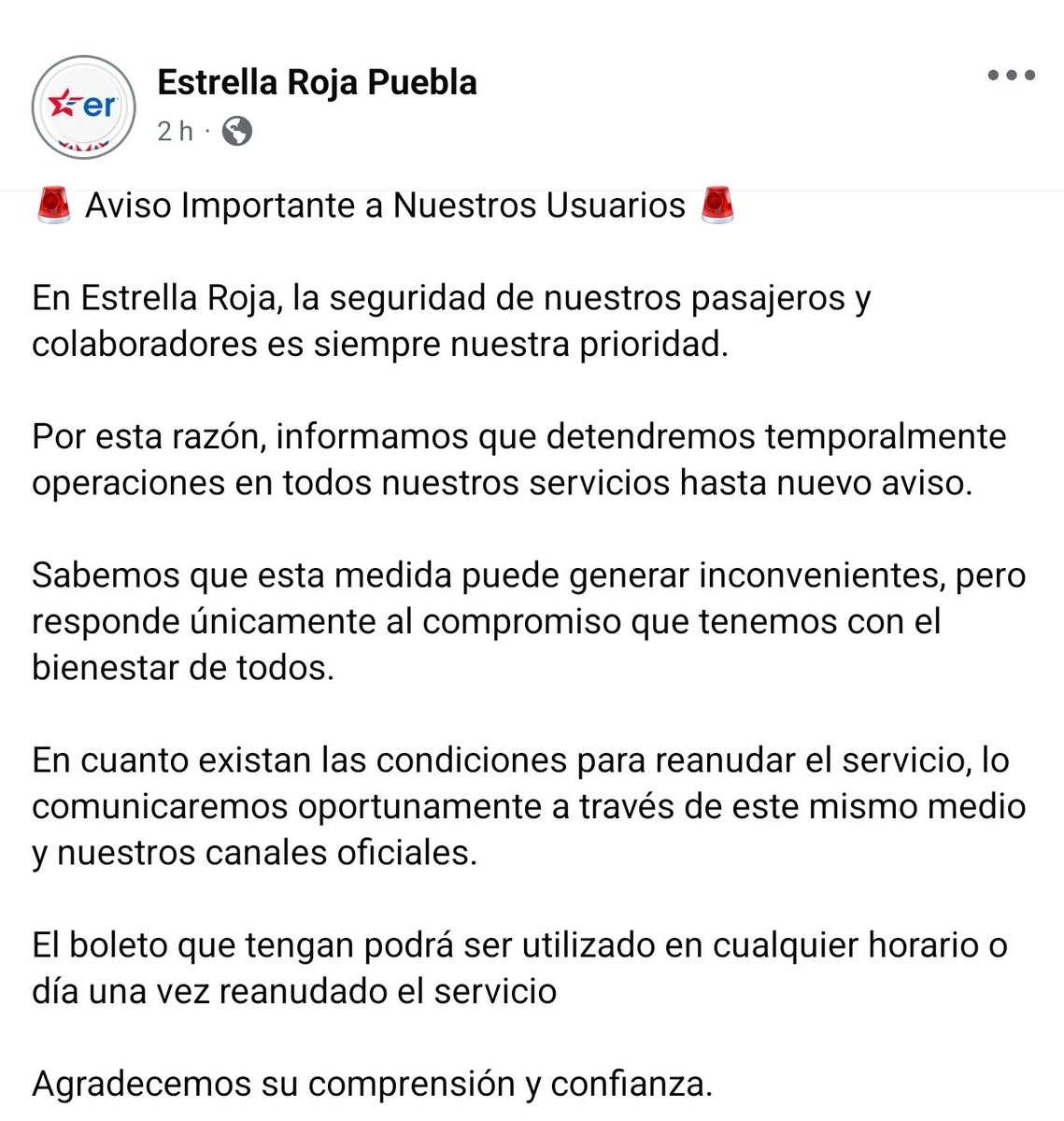 🚨🚨🚨 ATENCION:  Estrella Roja Puebla informa a través de su página oficial la suspensión temporal de sus operaciones por seguridad de sus pasajeros
facebook.com/share/p/1CCAvn…