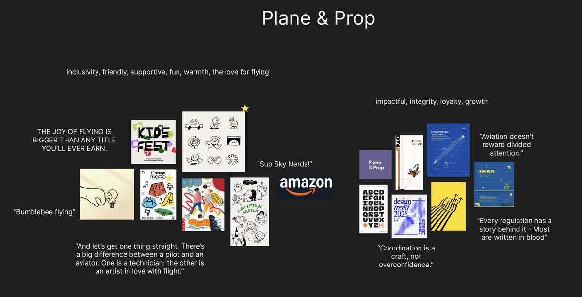 gaaruldesign's tweet photo. Moodboards for possible directions for Plane &amp; Prop, an aviation academy. 

Exploring how the brand sounds is just as important as the visuals. https://t.co/LSxYP0R2GP