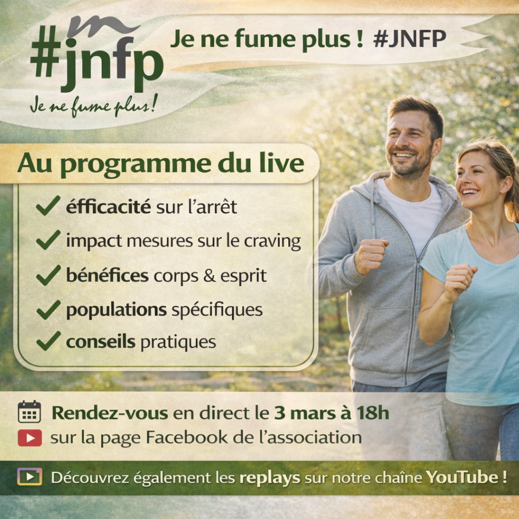 JeNeFumePlus's tweet image. 🧭 Au programme du live :
• efficacité sur l’arrêt
• impact sur le craving
• bénéfices physiques &amp;amp; psychiques
• situations spécifiques
• conseils pratiques
📅 3 mars – 18h
🔴 En direct ici : youtube.com/live/Ox0uCPYYE…

#ArretDuTabac #ActivitePhysique