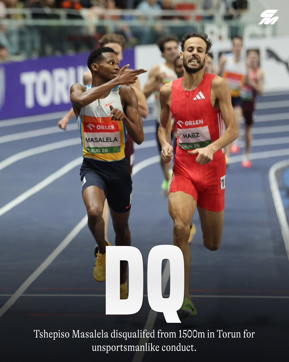 DISQUALIFIED ❌

At the 2026 Orlen Copernicus Cup in Torun, Poland, Tshepiso Masalela originally wins the 1500m in 3:32.55, but ends up disqualified for unsportsmanlike conduct after gesturing aggressively at Azeddine Habz down the homestretch.

Habz is ultimately credited with