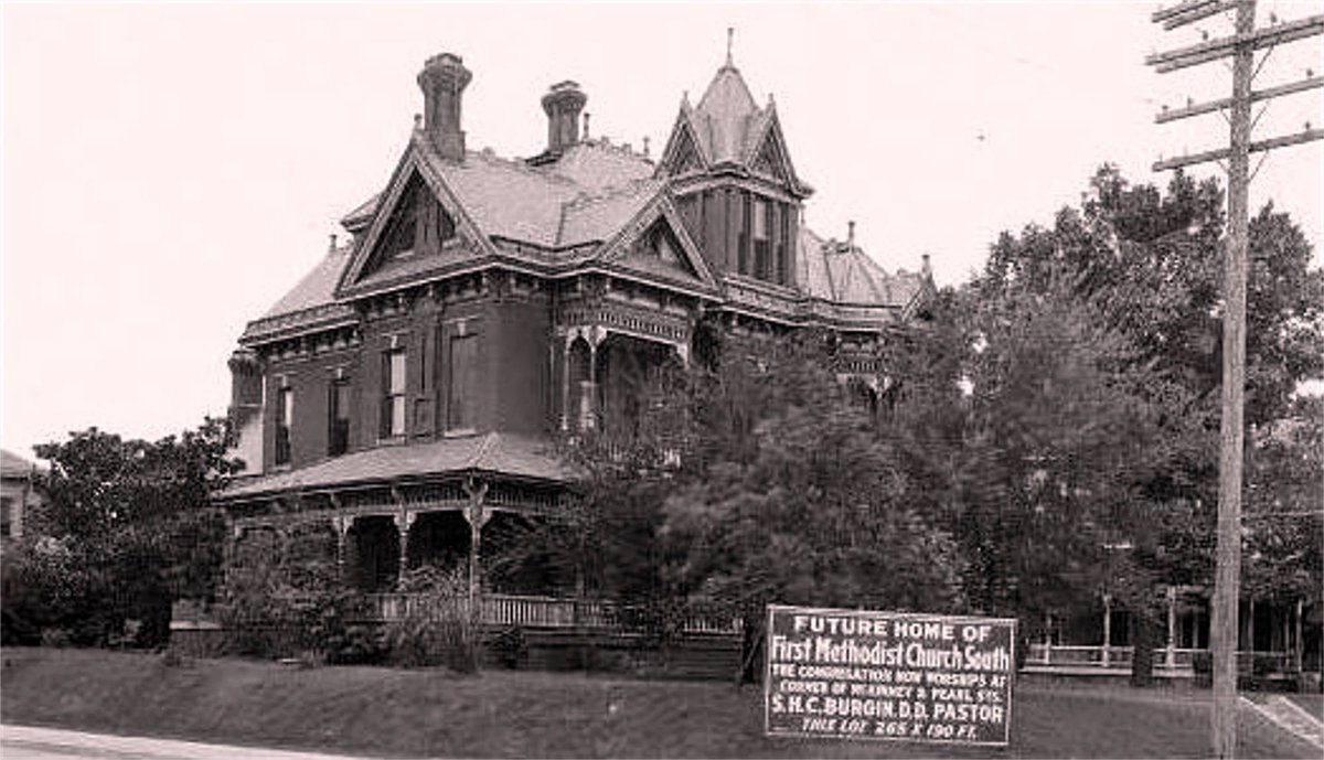 A. B. Bristol designed and built this magnificent mansion for widow Miranda Dickson Morrill in 1886 on the SW corner of Ross Avenue and Harwood Street in Dallas. It was demolished in 1920 and replaced with the current First United Methodist Church sanctuary.