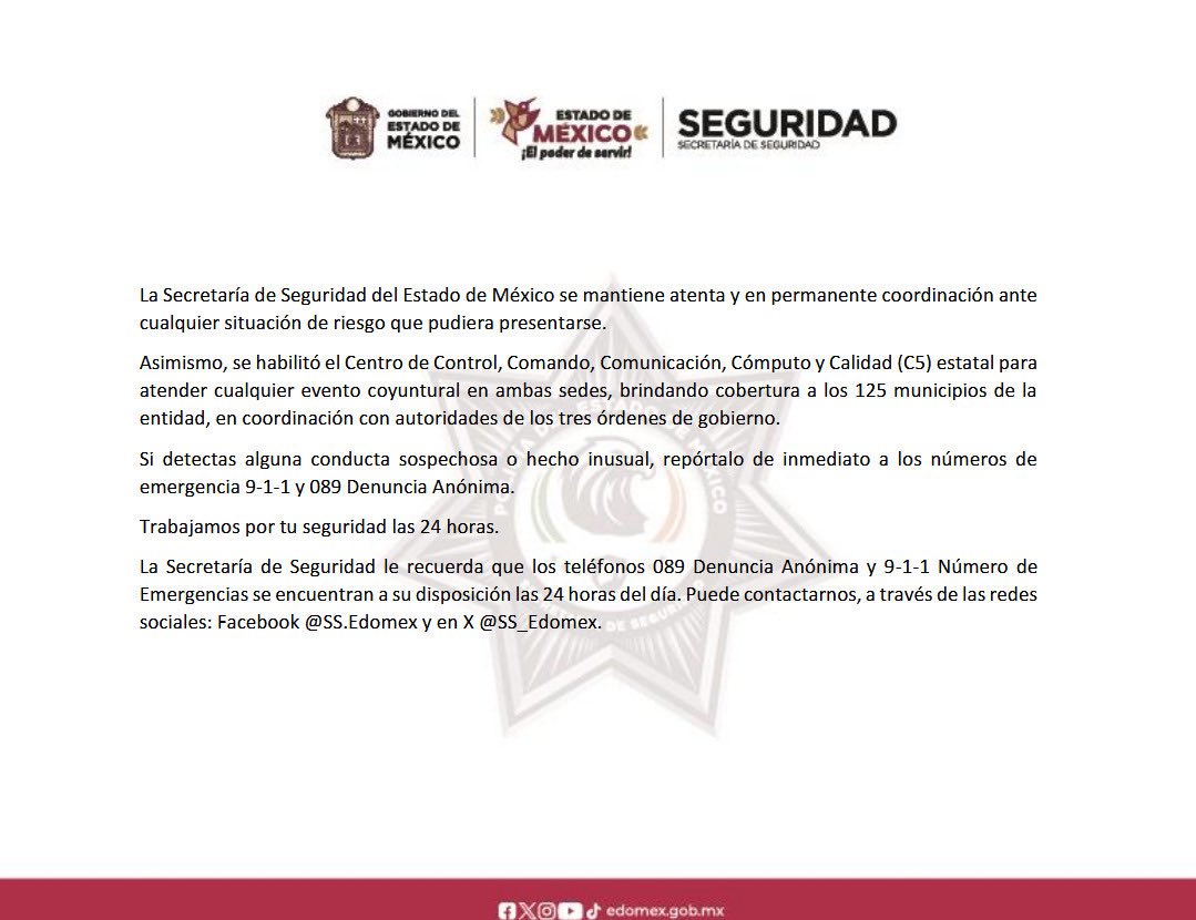 ADNoticiasMex's tweet photo. 🚨 La @SS_Edomex  informó que mantiene comunicación y coordinación permanente ante cualquier situación de riesgo en la entidad.

El @C5Edomex opera con cobertura y vigilancia en los 125 municipios para atender cualquier situación de riesgo.

📞 En caso de emergencia: 9-1-1
📞 Denuncia Anónima: 089

#Edomex #Seguridad