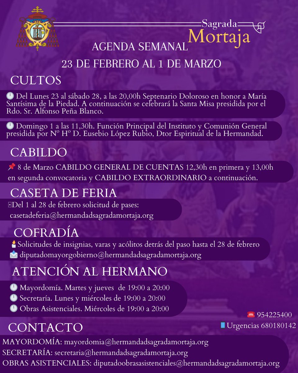 📅 Ya está disponible la agenda semanal de la Hermandad de la Sagrada Mortaja: cultos, horarios y actividades.
👉 Consúltala en la imagen y síguenos en nuestro nuevo canal de WhatsApp para no perderte nada.

#SagradaMortaja #Sevilla