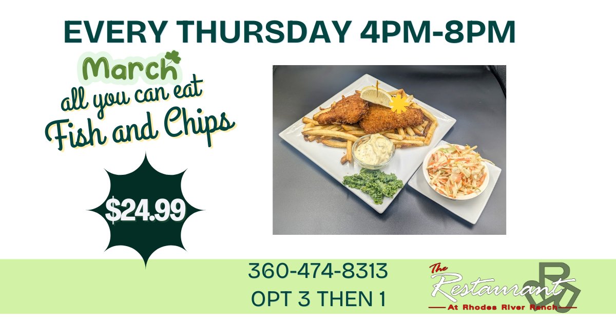 rrrrhodesranch's tweet photo. All-You-Can-Eat Fish &amp; Chips every Thursday from 4–8 at The Restaurant at Rhodes River Ranch.🐟 Crispy, golden, and generous.

Everyone's Fav! —$24.99 per person. https://t.co/yDrK8j4kiV