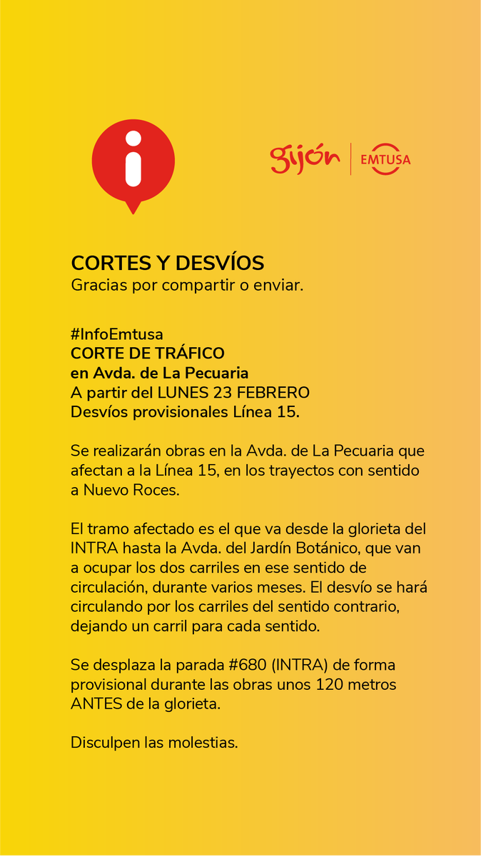GijonBus's tweet image. #InfoEMTUSA

‼CORTE DE TRÁFICO #L15
🚧 Avda. de La Pecuaria 🚧
A partir del LUNES 23 de febrero,

Se realizarán obras en la Avda. de La Pecuaria que afectan a la Línea 15, en los trayectos con sentido a Nuevo Roces. 

Aviso web
gijon.es/es/avisos/obra…