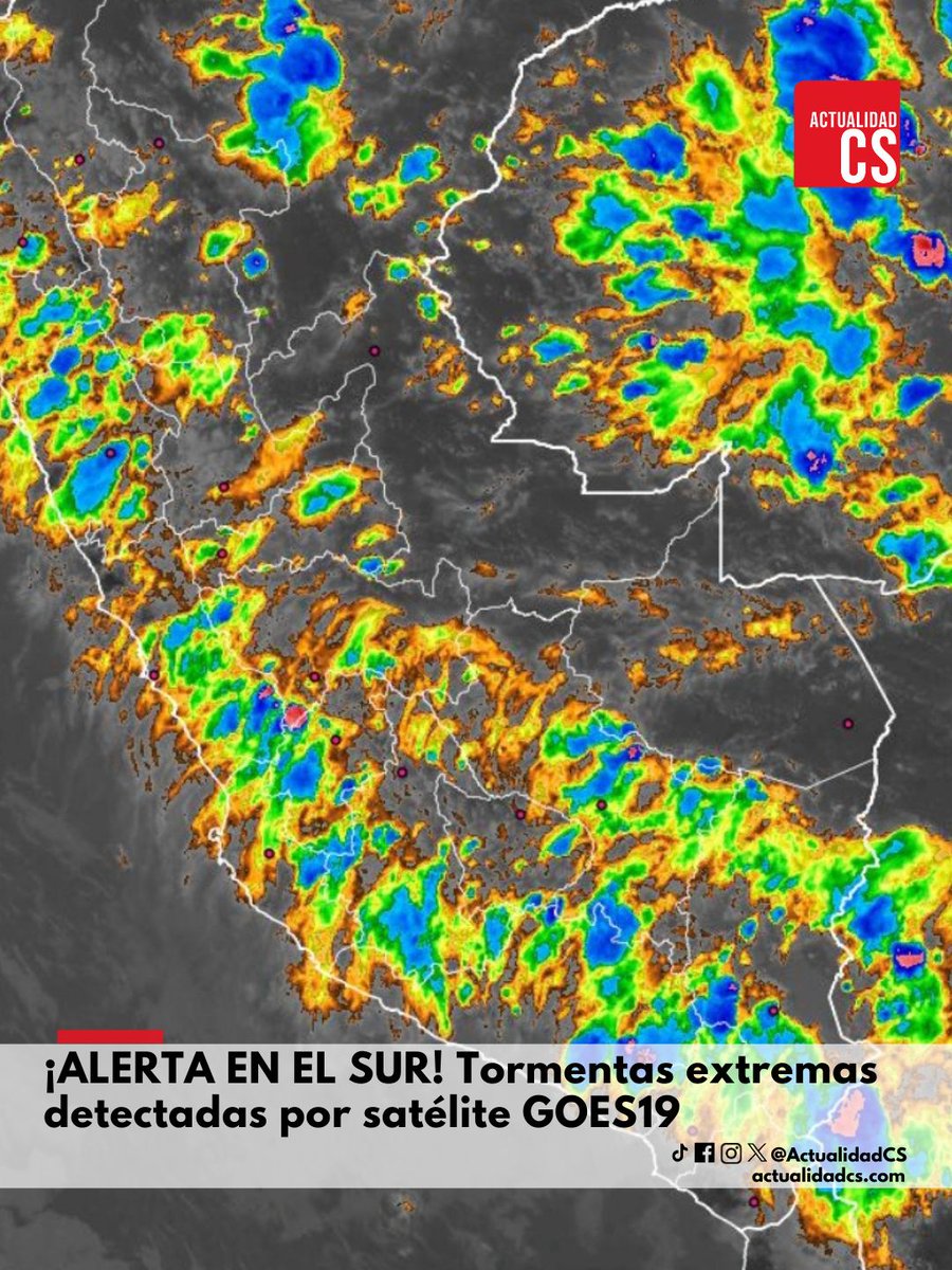 🚨 #ALERTA | Satélite GOES-19 detecta núcleos convectivos potentes con topes fríos en el sur del Perú. 🛰️⛈️
📍#Arequipa, #Moquegua, #Tacna, #Puno, #Cusco y #Ayacucho.
⚠️ Se registran lluvias fuertes, rayos y ráfagas de viento. Reportes confirman lluvias en distritos de Arequipa.