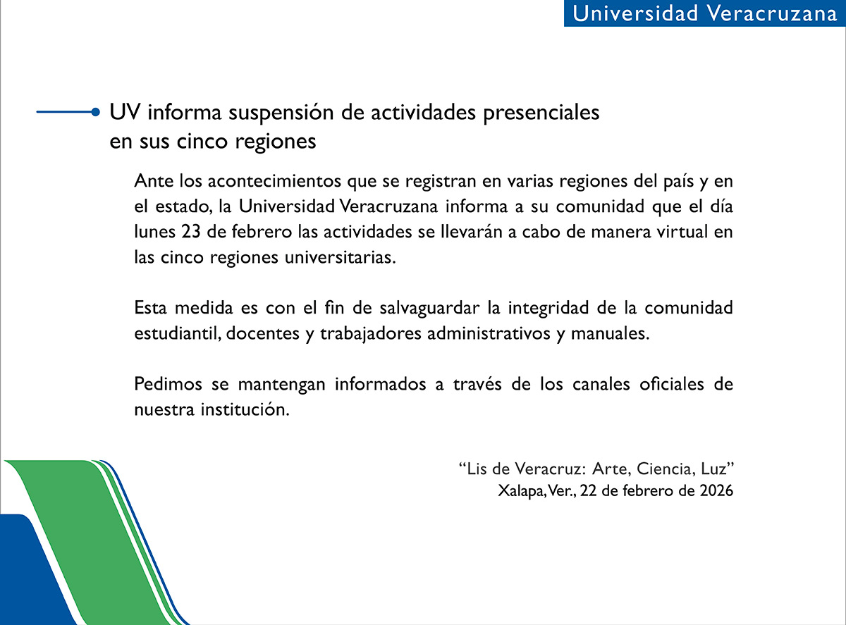 #ComunicadoUV
Ante los acontecimientos que se registran en varias regiones del país y en el estado, la UV informa que el día lunes 23 de febrero las actividades se llevarán a cabo de manera virtual en las cinco regiones universitarias.
Versión web:bit.ly/4rxJtUE